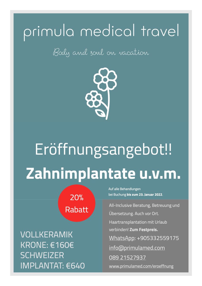 PrimulaMed's tweet photo. Primula Medical Travel ist online und wir feiern unsere Eröffnung mit einem Rabatt von 20% auf alle Behandlungen inkl. #DHI #Haartransplantation und alle #Zahnimplantate bei Buchung bis zum 23. Januar. https://t.co/k6ZpZpoV5d https://t.co/ytFQEQM8x8