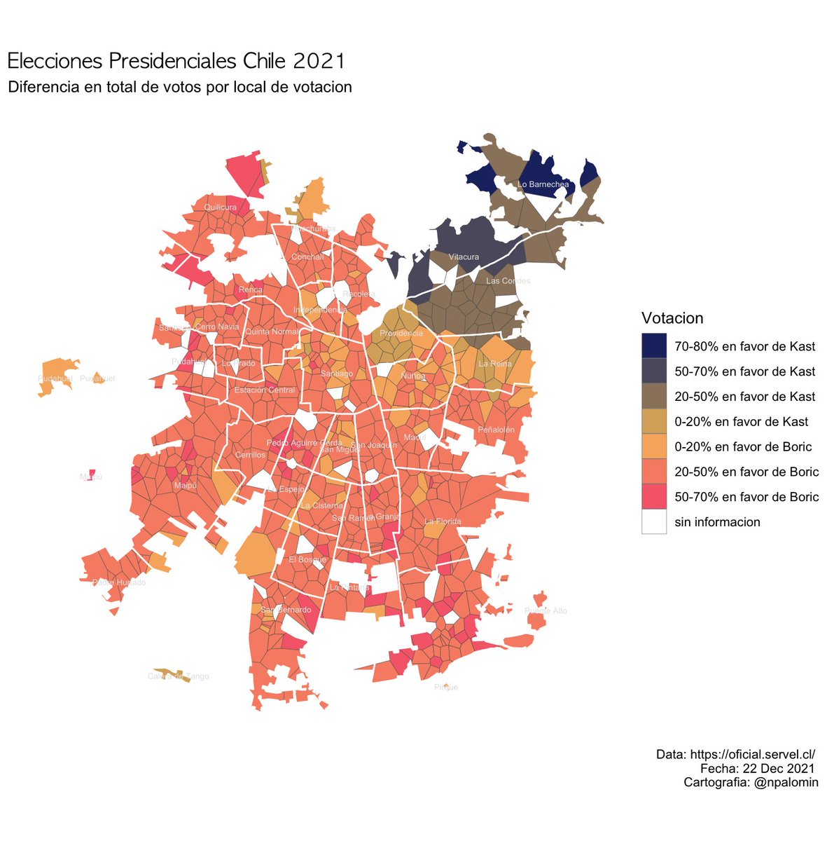 npalomin's tweet photo. ¿Cuan segregadas son las elecciones presidenciales en tu ciudad?
Resultados por local de votacion en el Gran Santiago. Elecciones presidenciales 2021 👇
How segregated are the presidential elections in your city? - Results for Santiago by poll station https://t.co/TOFNsL9sh7