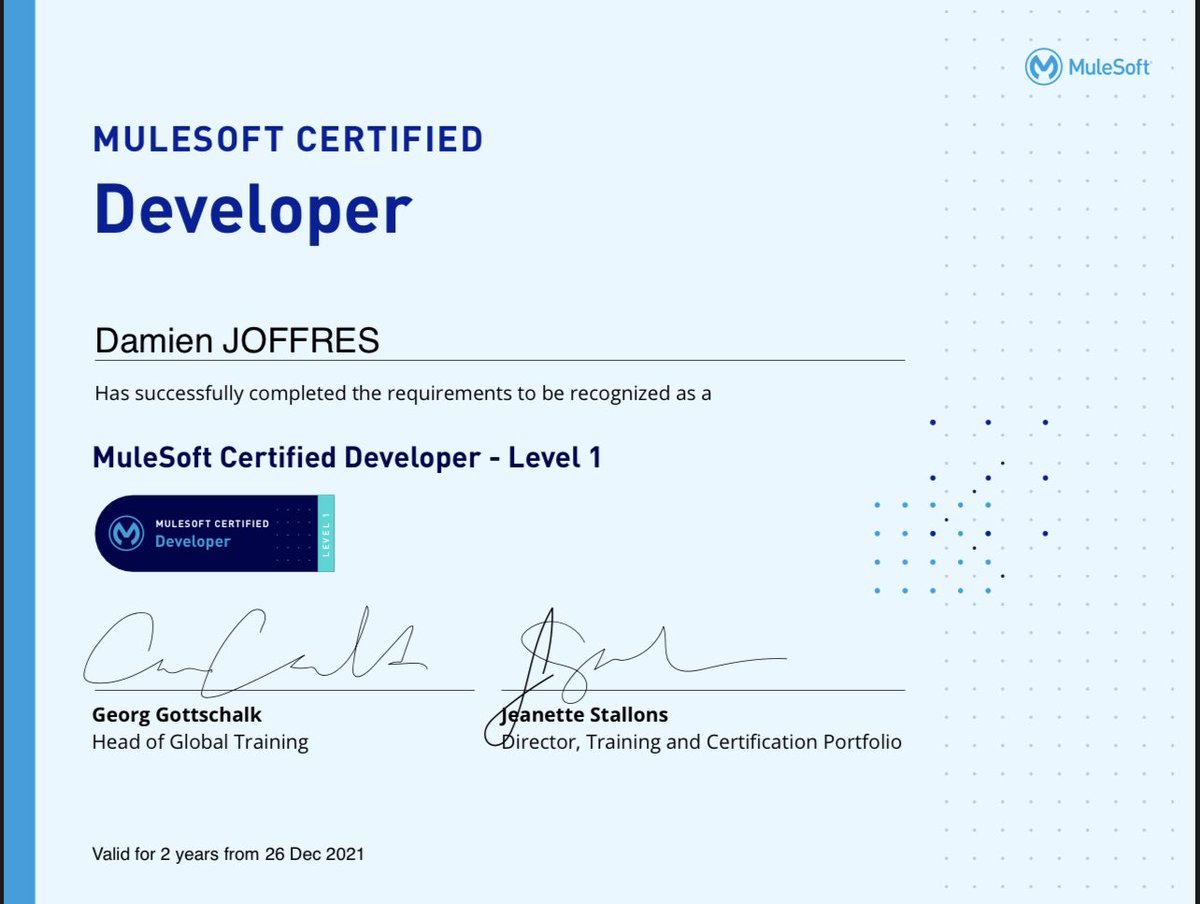 DamienJoffres's tweet photo. 🎉 Happy to share my new certification in the #Saleforce ecosystem with this one as #Mulesoft Developer ⚙️ https://t.co/btTxzDIdzE