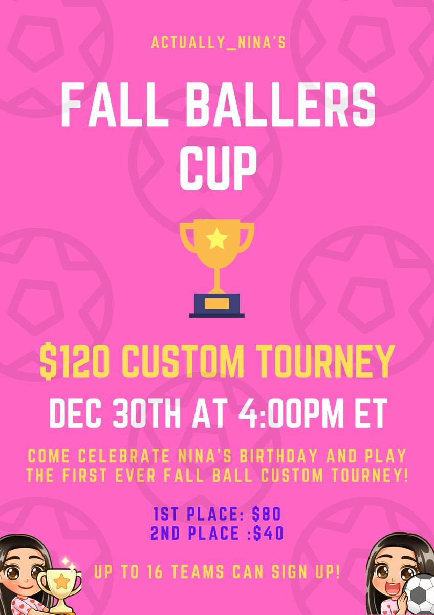 Excited to host a $120 Fall Ball Custom Tourney to celebrate my birthday on Thursday! ⚽️🏆

Thank you <a href="/EssunsPls/">Essuns</a> for the format idea! 

All info on discord and sign up opens today at 2pm ET