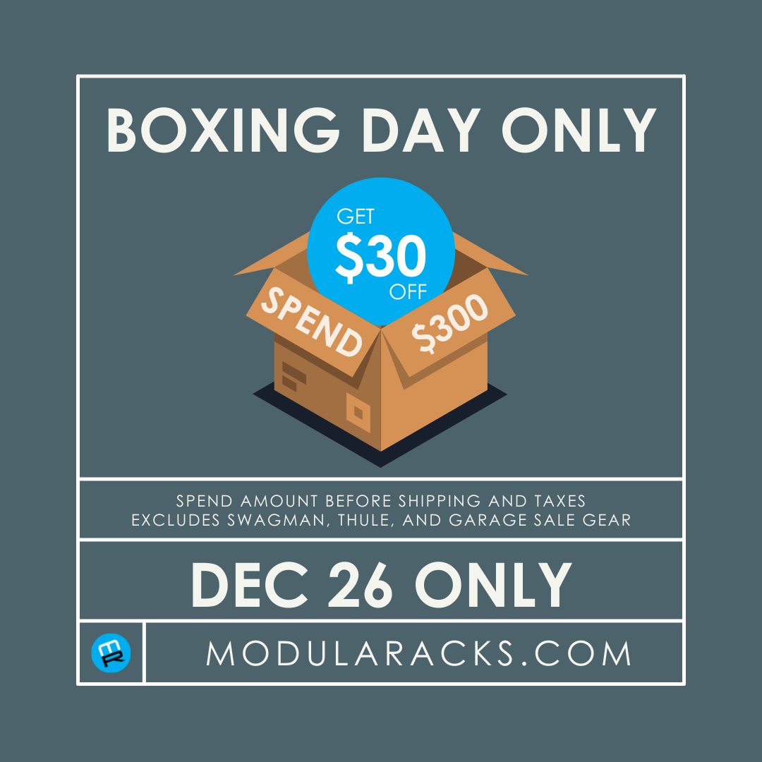 📦 It's the day you've all been waiting for! Boxing Day is here! 📦
Today only, get $30 off your order when you spend $300! 
-
#boxingday #boxingdaysale #sale #discounts #modularacks #leavenothingbehind #modularacks #frontrunneroutfitters #wabban #leitner #camping #adventure