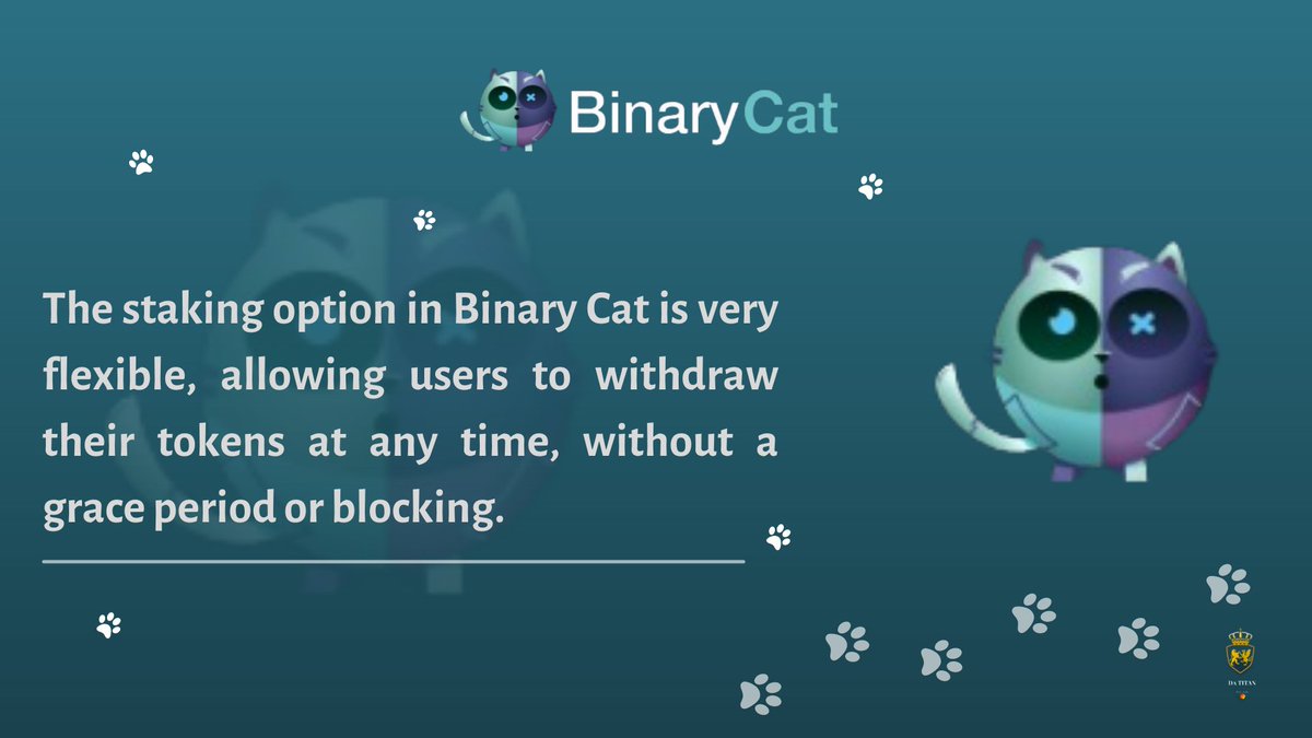 Titanbarry's tweet photo. 💫The Staking option in @BinaryCatapp is very flexible, allowing users to withdraw their tokens at any time, without a grace period or blocking. 🌠

For more info Visit: https://t.co/gLx6SbGPHb

#binarycat #BlockchainGaming https://t.co/eyqxxcRMXG