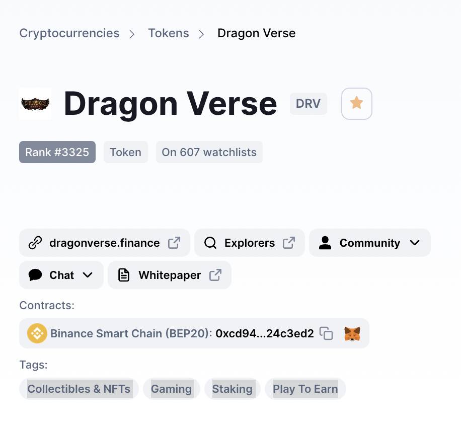 💠 UPDATE PROJECT TAGS ON COINMARKETCAP 

👉 Dragon Verse has been approved by CMC as "Collectibles &amp; NFTs, Gaming, Staking, Play To Earn" project. This is a great news and show our legit to community 🔥 
Vote for us: coinmarketcap.com/currencies/dra…