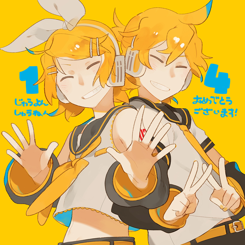 kagamine len ,kagamine rin 1girl 1boy blonde hair smile necktie headphones bow  illustration images