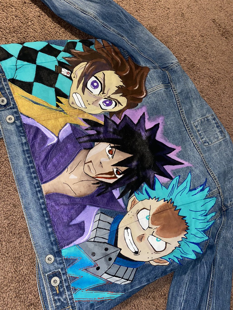 worksbydee's tweet photo. For the anime lovers.. 💥 commissioned Jean jacket.
Sasuke, Midoriya, &amp; Tanjiro.
#worksbydee 🎨 https://t.co/ZwsOEscm6u