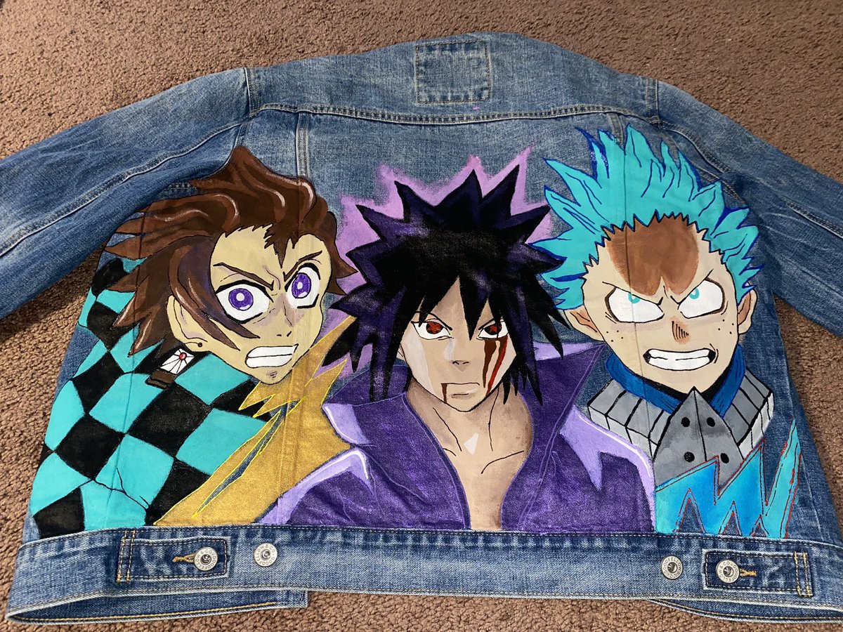 worksbydee's tweet photo. For the anime lovers.. 💥 commissioned Jean jacket.
Sasuke, Midoriya, &amp; Tanjiro.
#worksbydee 🎨 https://t.co/ZwsOEscm6u