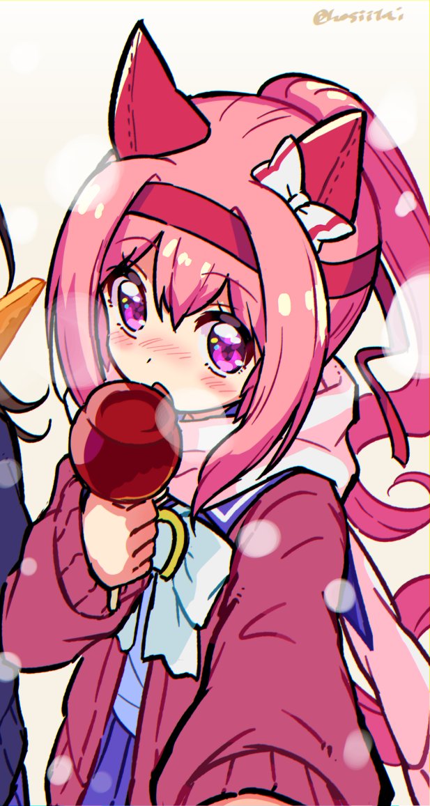 haru urara (umamusume) candy apple horse ears animal ears 1girl food pink hair scarf  illustration images