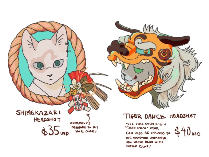 I'm capping the headshots at the total of 5 slots, and Hariko Tiger doodle at 10 for now. DM me to commission, I'm kinda sleepy rn so I might check back in the morning 