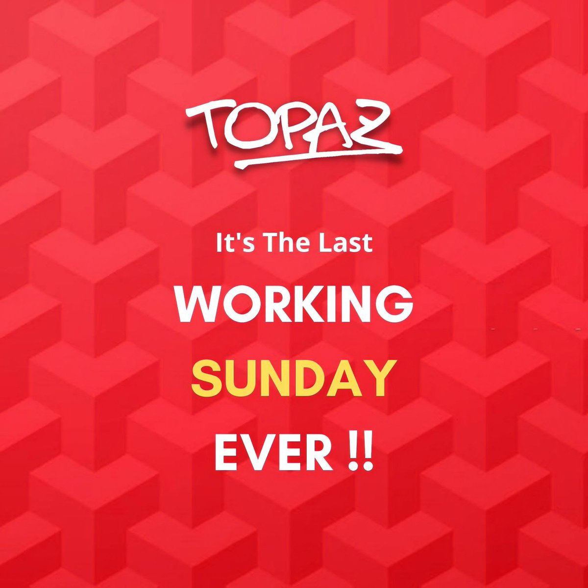 This is the last working Sunday we will ever have.

Starting January 3rd, 2022. Topaz is switching to a Monday through Friday work week 🗓

#topaz #cloudmanagement #systemintegrator #solutionsprovider #cloudserviceprovider #avaya #avayapartner #goldpartner #newweekend #duabi