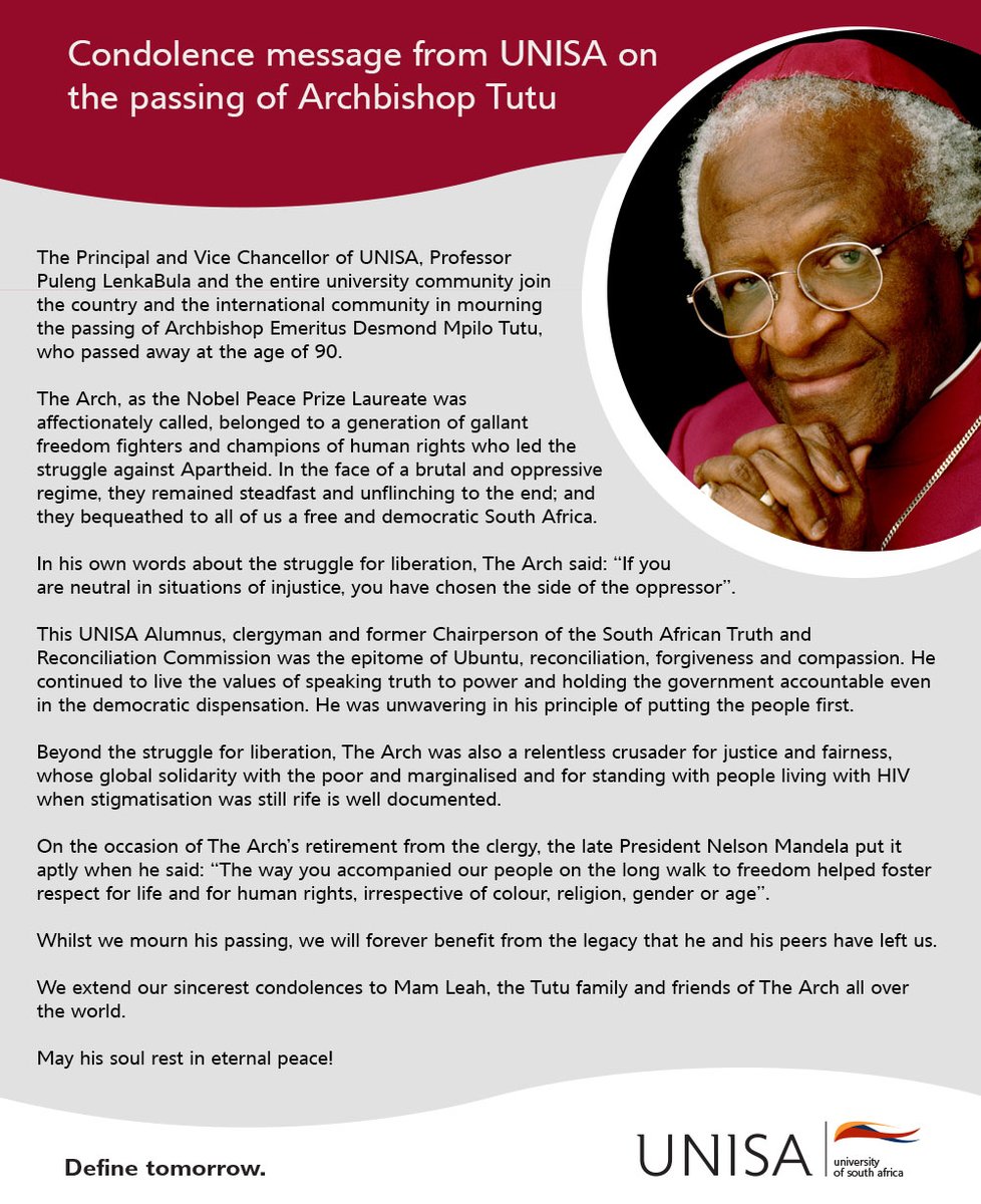 unisa's tweet photo. Condolence message from UNISA on 
the passing of Archbishop Tutu https://t.co/hYc2HZwaIQ