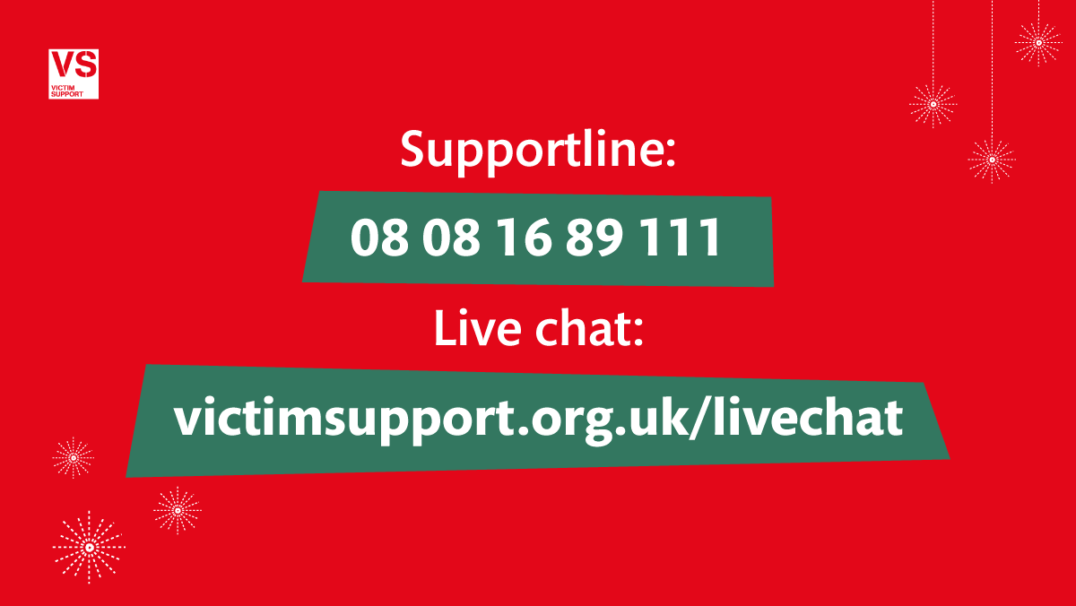 VictimSupport's tweet photo. Our Supportline is open around the clock this festive season. You're not alone after experiencing crime - contact us for confidential and free support.
📞 08 08 16 89 111
💻 https://t.co/XyEpLOygur
#XmasHelp #HelpAtChristmas #VictimSupport https://t.co/94X4UvHPzW