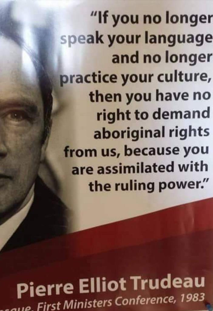 Terrilltf's tweet image. Not to First Nations though. He was a genocidal leader who spoke these words while running Canada’s assimilation death camps. He was hell bent on assimilating First Nations into the state under its genocidal constitution. His son now carries on the family tradition. #WhitePaperJr