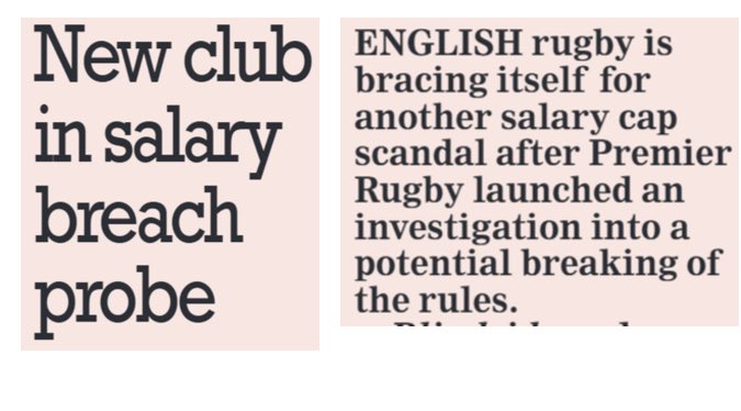 RugbySaracens's tweet photo. 📰 @neilfissler in @TheRugbyPaper today

Top 6 club “under suspicion isn’t Saracens”.

“…the investigation will continue early in the New Year.”

Other top 6 clubs are Tigers, Saints, Quins, Exeter and Gloucester. https://t.co/Kxzfdyxlsn