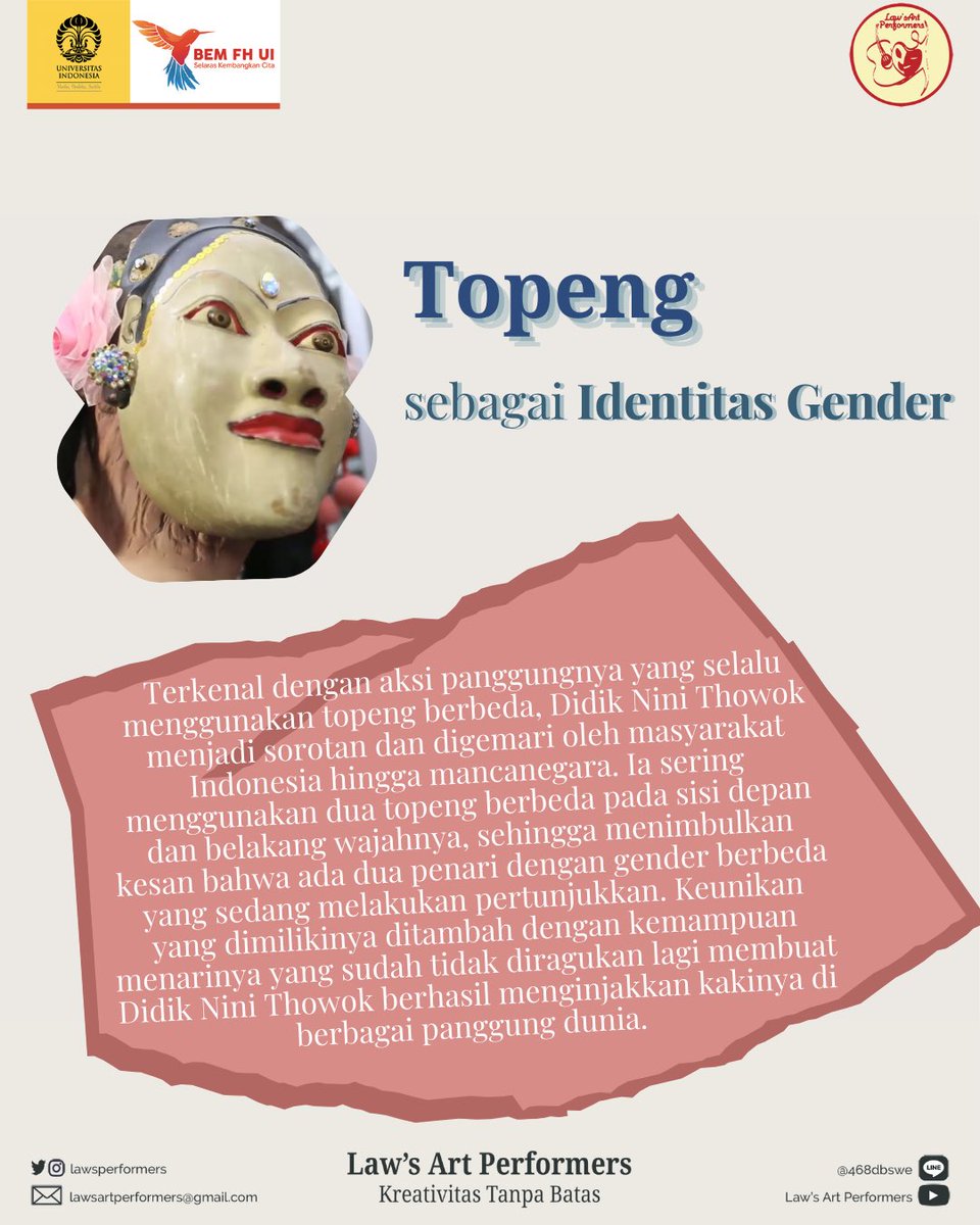 lawsperformers's tweet photo. [DIDIK NINI THOWOK: TOPENG DUA GENDER]

Artmezzo Lawper kali ini akan membahas mengenai perjalanan karir Didik sebagai penari yang disukai hingga ke mancanegara.

Law’s Art Performers,
Kreativitas Tanpa Batas! https://t.co/aSF0IEStEw