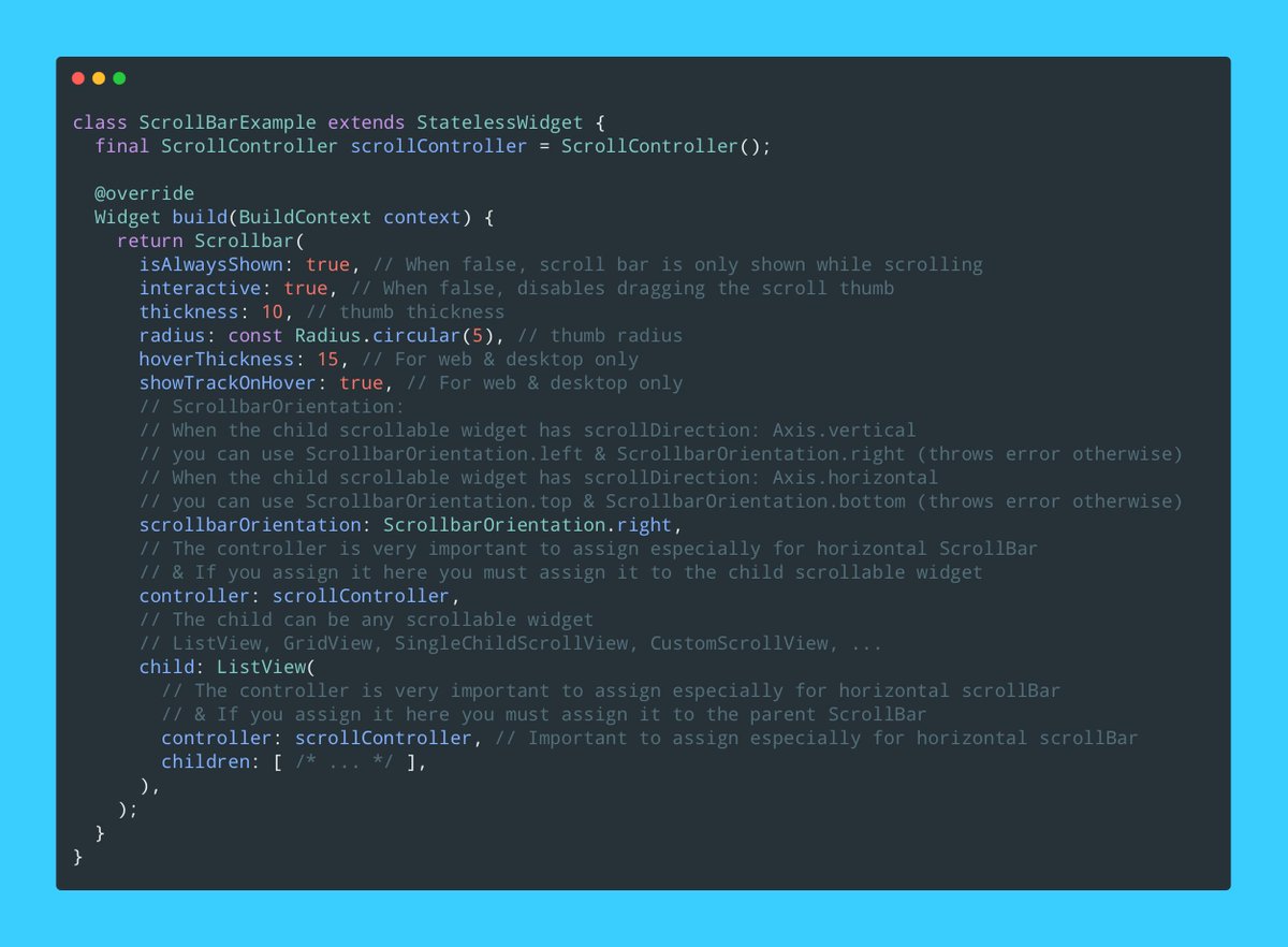 roaakdm's tweet image. #Flutter tip: wrap your long scrollable widget with a #ScrollBar widget to display a scrollbar for a better user experience.
By default, the ScrollBar widget is platform dependent and reflects native behavior (like iOS's haptic feedback, video 👇🏽)
#FlutterTip #FlutterDev