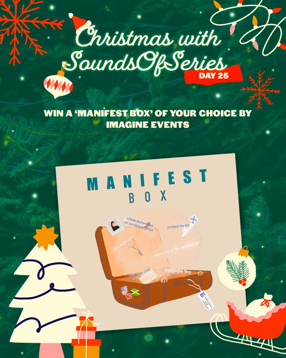 SoundsOfSeries's tweet photo. #CHRISTMASWITHSOS - DAY 25 (THE LAST)
Win a 'Manifest Box' of your choice by Imagine Events.
To enter:
▪️ RT this tweet
▪️ Follow @SoundsOfSeries & @ImagineEventz_
▪️ Subscribe to our youtube channel:
https://t.co/YogxpMoT0l https://t.co/XiTvOe6chZ