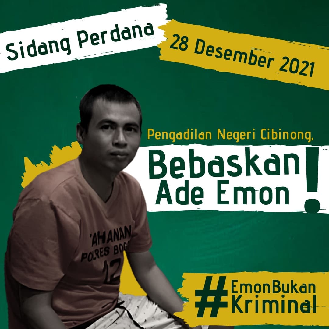 walhinasional's tweet photo. Dijadwalkan, Ade Emon akan menjalani sidang pertama di Pengadilan Negeri Cibinong pada 28 Desember mendatang. Kebebasan Ade Emon adalah putusan yang harus diberikan hakim!
#BebaskanEmon
#EmonBukanKriminal
#PejuangLingkunganBukanKriminal
#Sentul
#SentulCity
#BersihkanIndonesia https://t.co/rONIyfAhXh