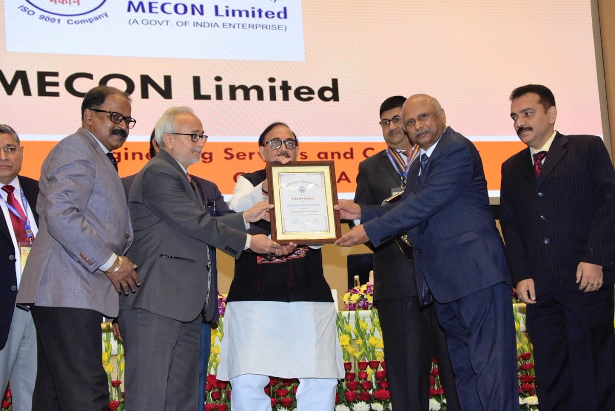 MECONLimited's tweet photo. #MECON received Award in the category of Engineering Services &amp; Consultancy for demonstrating high order of business excellence during 36th Indian Engineering Congress.Shri Salil Kumar,CMD MECON, Shri RH Juneja,Director (F) received award in presence of senior officials. https://t.co/33VUTtT9dc