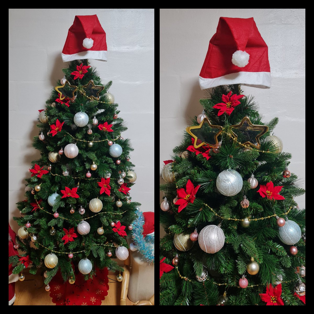 palmerdebra's tweet photo. Redecorated our tree to have a Santa hat, star glasses/eyes and a Christmas ball for a nose. #christmastree #redecorated https://t.co/VilOove6ew