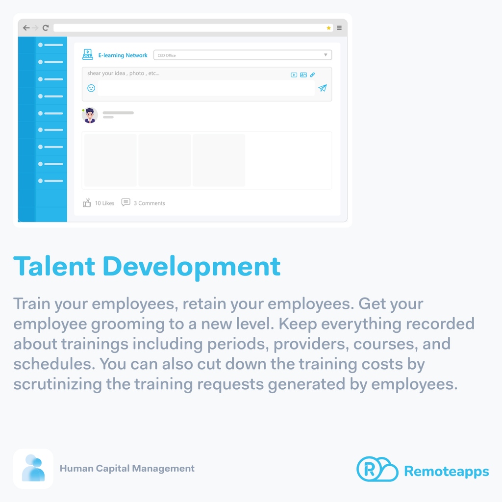 remoteappsbh's tweet image. Talent Development
Train your employees, retain your employees. Get your employee grooming to a new level. Keep everything recorded about training including periods, providers, courses, and schedules. 

#remoteApps #ERPSystem #HRSystem #HR_System #Human_Capital