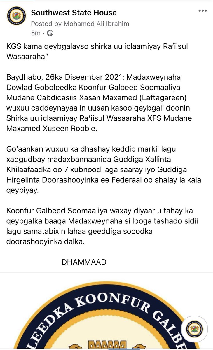 southweststat's tweet photo. KGS kama qeybgalayso shirka uu iclaamiyay Ra’iisul Wasaaraha” https://t.co/KwHLOs2yJ0