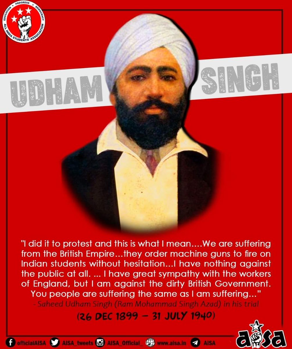 AISA_UPES's tweet photo. AISA salutes the legacy of the Revolutionary Freedom Fighter Shaheed Udham Singh on his Birth Anniversary! 
Udham Singh continues to inspire us even today in our struggle against the global imperialist order. 

#AISA #UdhamSingh https://t.co/wK5eyu4Zir