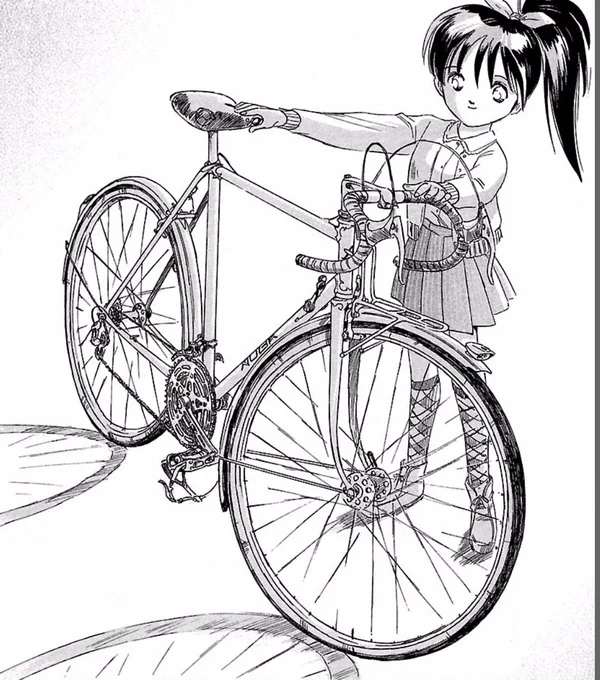 自転車の絵というものは
【真横が1番つまらない】

それはカタログでいつも見てるアレだが、【車輪が正円で、フレームに厚みが感じられない】

これだと凄く製図的に見えてしまうんだ。

自転車はナナメにしてこそ生きてくる。 