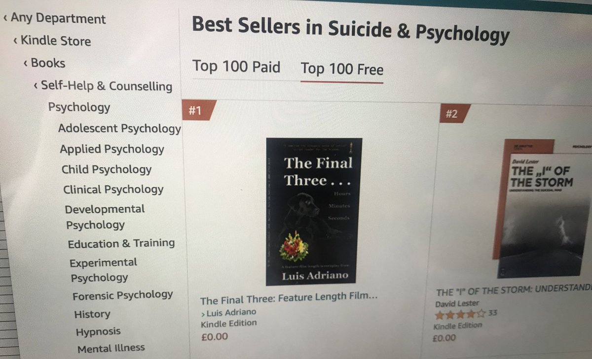 LuisAdrianoUK's tweet photo. Huge thanks to everyone who has put #TheFinalThree at #NUMBER1 in this Amazon #Bestsellers chart. More later!
It’s still free to download until 29 Dec 21:
https://t.co/IhuNz5dx8Z
#filmscript
#drama
#featurefilm
#film #screenplay
#screenwriting
#suicide & #psychology https://t.co/2EsnqzbQhY