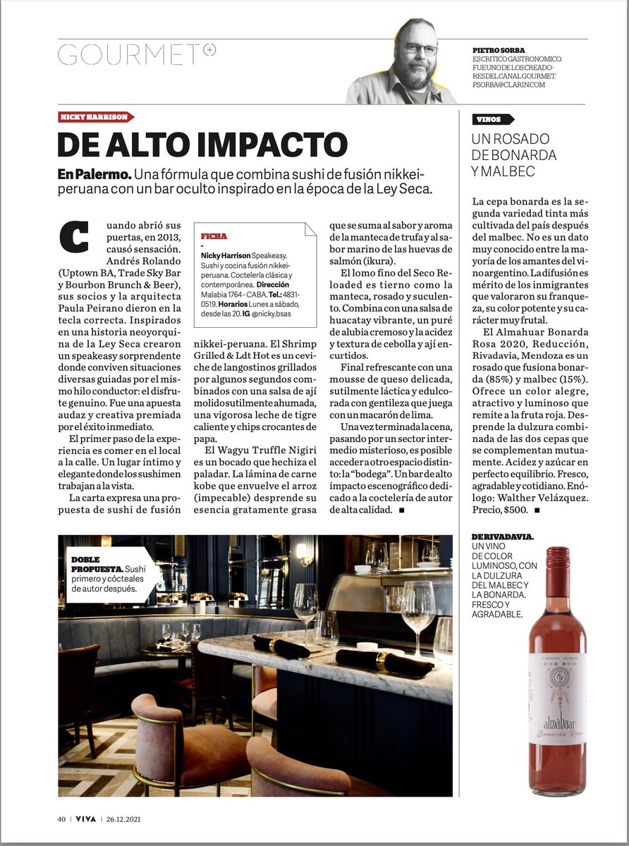 PietroSorba's tweet photo. Comparto con Uds mi nota del domingo en #revistaviva y @claringourmet @clarincom. Hoy el speakeasy #NickyHarrison. El vino de la semana es el Almahuar Bonarda Rosa 2020 de bodega @almahuar. Buena lectura. Felices fiestas. Aquí va el link:
https://t.co/7Rizf7USiN https://t.co/FG9ic1e7LO