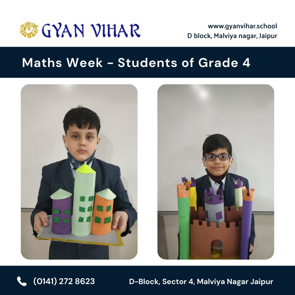 GyanViharJaipur's tweet photo. Students of grade 4 engrossed themselves in making '3-D Shape Castle' and channelized their creativity in the most exquisite manner.
#gyanviharschool #Mathweek #ThreeDimensionalshapes #learningisfun #school #jaipur https://t.co/DXSOqgLdXH