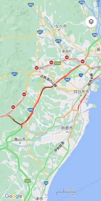 名神・新名神が通行止めになった影響で東名阪どころか1号線、名四、306、ミルクロードまでもが瀕死の渋滞となっている模様。 