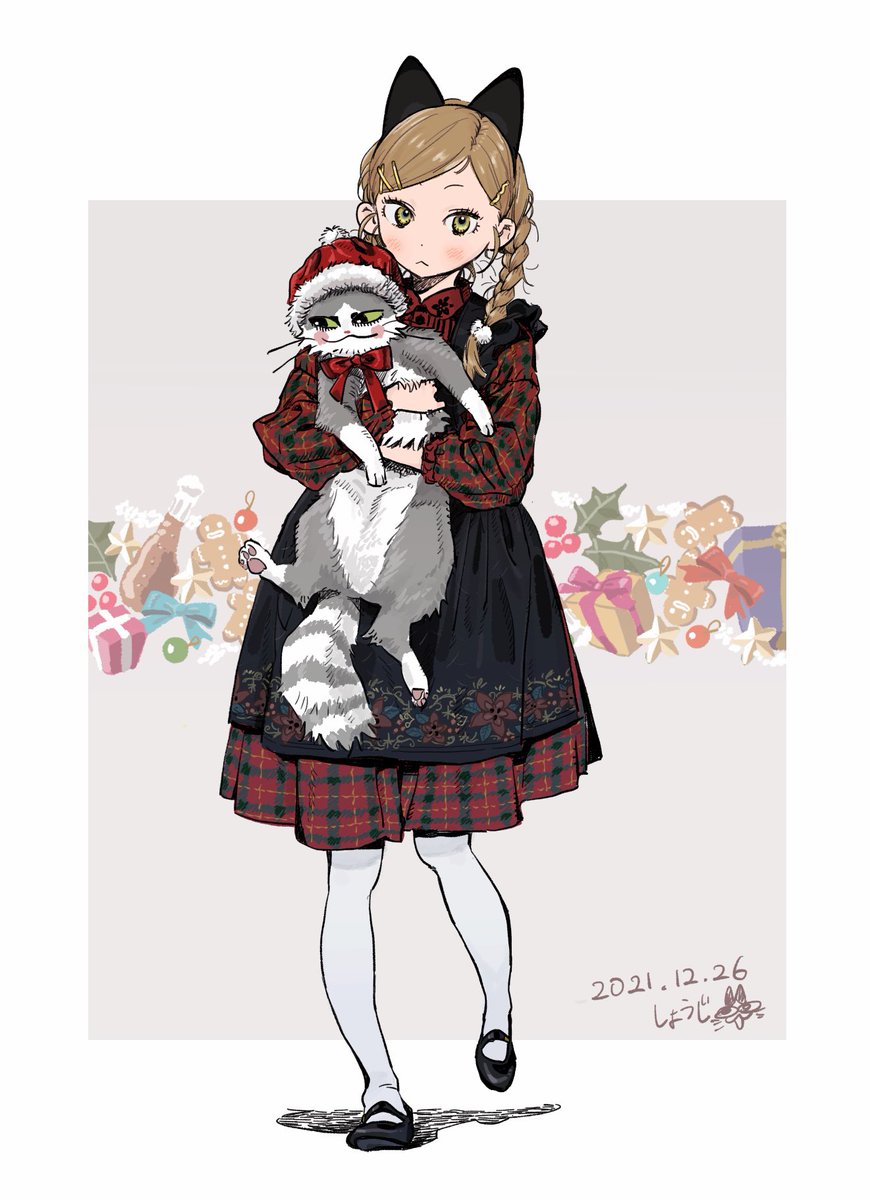 1girl braid plaid dress cat dress holding animal black footwear  illustration images
