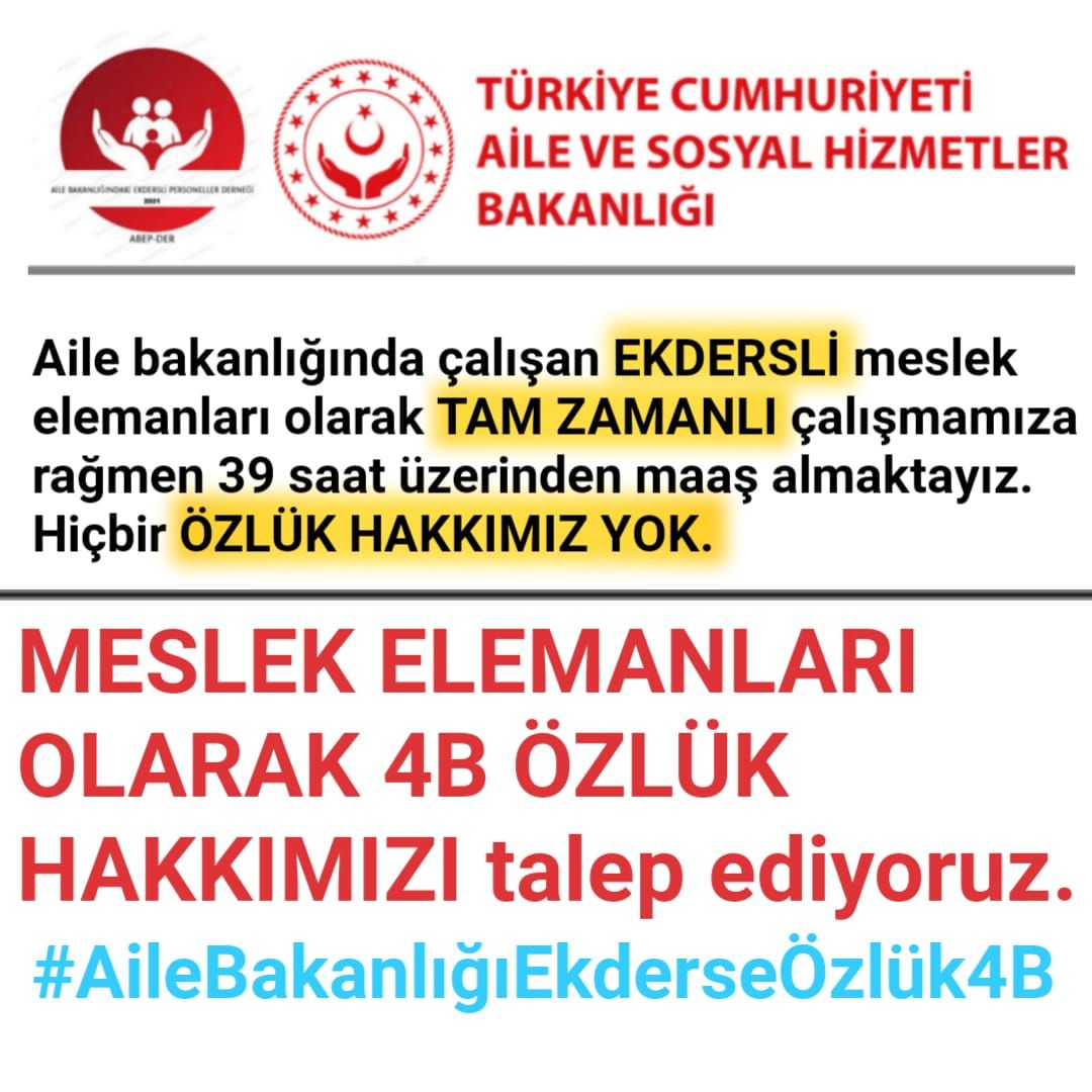 @ABEPDERNEK <a href="/RTErdogan/">Recep Tayyip Erdoğan</a> <a href="/deryayanikashb/">Derya Yanık</a> Aile bakanlığında "özlük hakları olmayan''  EkDersli personeller olarak bu belirsizliğin gidrelecegine inanıyor ve devletimize güveniyoruz.
#AileBakanlığıEkderseÖzlük4B
<a href="/RTErdogan/">Recep Tayyip Erdoğan</a> <a href="/deryayanikashb/">Derya Yanık</a> <a href="/vedatbilgn/">Vedat Bilgin</a> <a href="/tcailesosyal/">T.C. Aile ve Sosyal Hizmetler Bakanlığı</a> <a href="/csgbakanligi/">T.C. Çalışma ve Sosyal Güvenlik Bakanlığı</a> <a href="/HMBakanligi/">T.C. Hazine ve Maliye Bakanlığı</a>