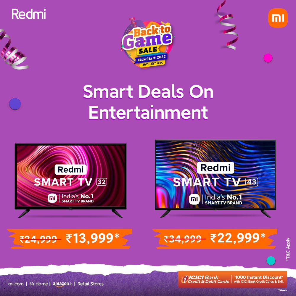 XiaomiTVIndia's tweet photo. Kickstart 2022 with the epitome of #AllRoundSmartEntertainment!
Get the #RedmiSmartTVSeries in the #BackToGameSale starting at βΉ13,999 only!
Head here:
https://t.co/g7mKAhG6aE https://t.co/xsfZZze3t8