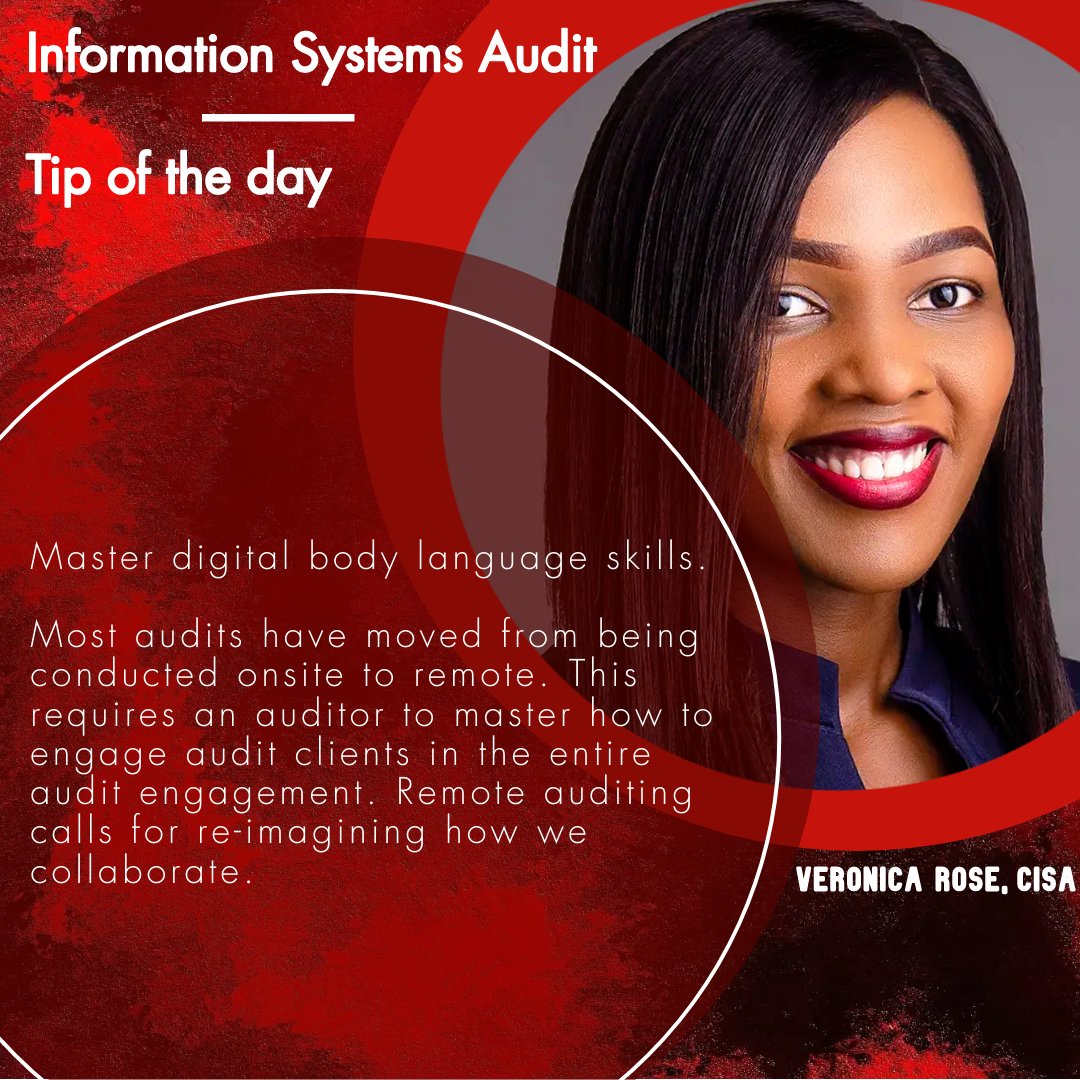 veronrose4's tweet photo. Tip of the day!

#certifiedinformationsystemsauditor #CISA #ISAuditor #auditing #Audit #systemsauditor #infosec #proudauditor #auditor #Professional #ArtificialIntelligence #DataAnalytics #technicalknowledge #careertips https://t.co/L1FVkYcJJ9