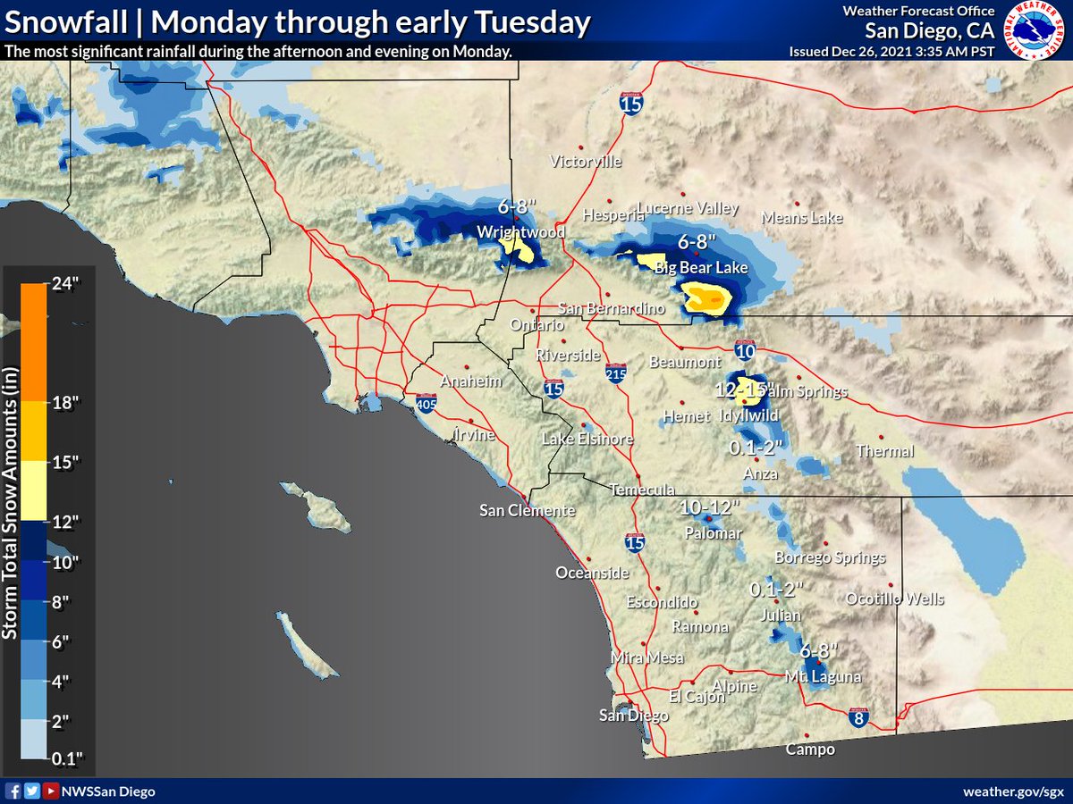 NWSSanDiego's tweet photo. Another winter storm will bring rain &amp; snow Monday-Tuesday AM. Snow levels could dip to 3500-4000' so snow could impact the busy mountain passes inc. I-15 &amp; I-8. Make sure you have a winter weather kit and your tires and wipers are in good working order. #besafeoutthere #CAwx https://t.co/XQofbBGFhS