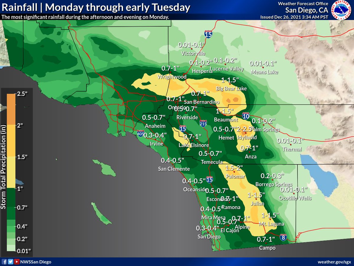 NWSSanDiego's tweet photo. Another winter storm will bring rain &amp; snow Monday-Tuesday AM. Snow levels could dip to 3500-4000' so snow could impact the busy mountain passes inc. I-15 &amp; I-8. Make sure you have a winter weather kit and your tires and wipers are in good working order. #besafeoutthere #CAwx https://t.co/XQofbBGFhS