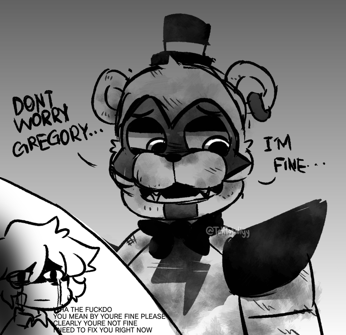 TehTotally's tweet photo. So I'm gonna start making spoiler art and it'll go like this (I'm joking it's worse than this) #FNAF #fnafsecuritybreach https://t.co/ooIwEfHZOb