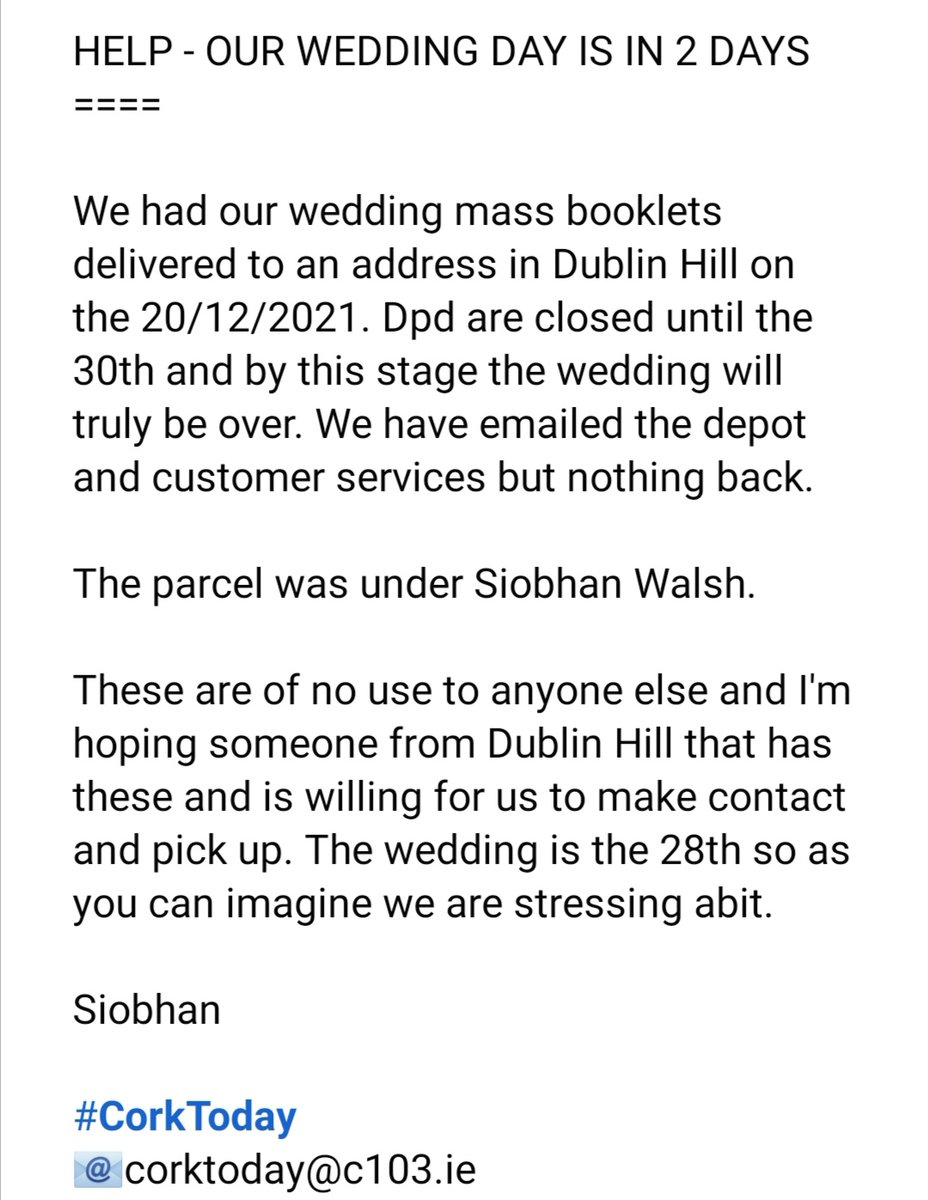 C103Cork's tweet image. Can we help this couple getting married in 2 days find their wedding Mass booklets #Cork

#CorkToday