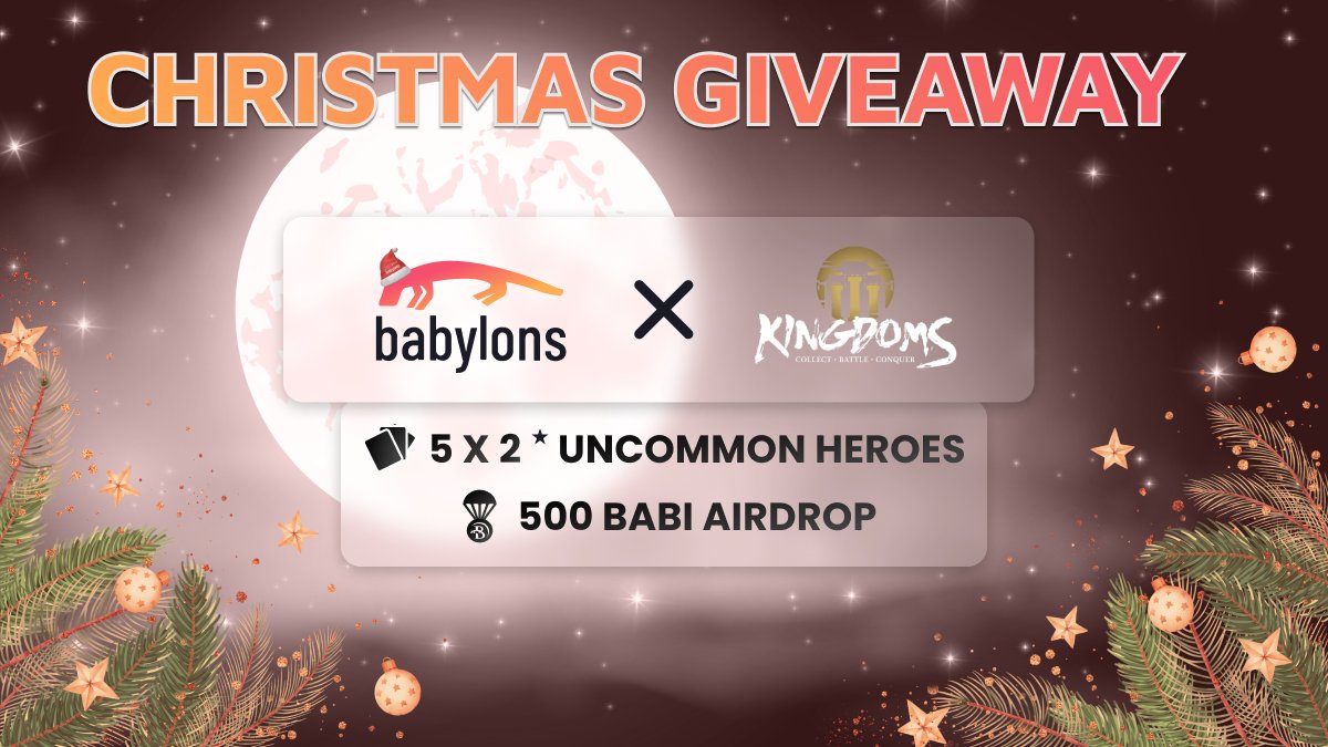 BabylonsNFT's tweet photo. 🎁 BABYLONS x @PlayTTK  CHRISTMAS PRESENTS ARE HERE!

🤑 5 Uncommon Heroes + 500 $BABI

🏆 10 Lucky Random Winners

🔔 Starts at 14.00 UTC

🏁 Ends on January 7th

👇 Join #Giveaway Below 👇

https://t.co/TyRkXC9TJY

🚀 More Actions, More Chances to Win! https://t.co/XqRhewq8LR