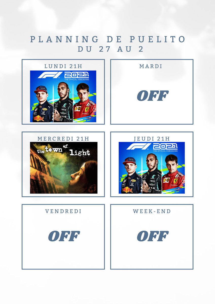 Puelito_'s tweet photo. Voici le planning de cette semaine pour les lives #twitch ! Au programme découverte de #Townoflight et session #F12021 ! A très vites les petits loups ! https://t.co/JcGkrdJYXz