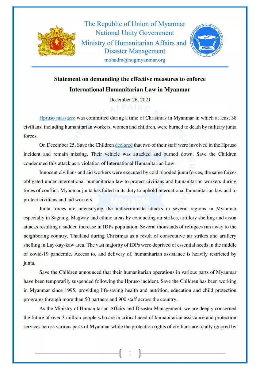 mohadmNUG's tweet photo. "We, @mohadmNUG, hereby demanded @UN &amp; international communities to investigate &amp; prosecute junta’s inhumane war crimes &amp; to take effective measures to enforce #InternationalHumanitarianLaw in Myanmar."
Read full statement in pic; https://t.co/i4GzxHyPct