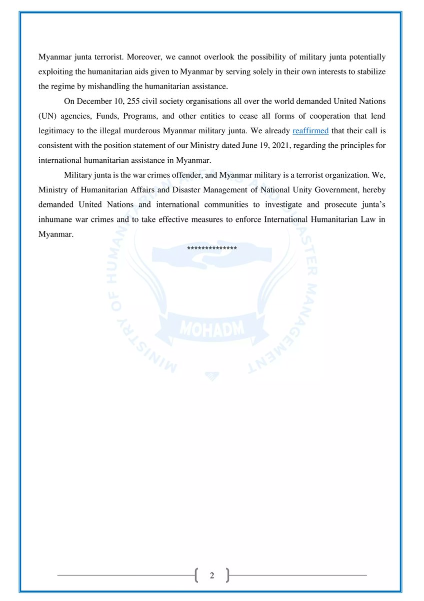 mohadmNUG's tweet photo. "We, @mohadmNUG, hereby demanded @UN &amp; international communities to investigate &amp; prosecute junta’s inhumane war crimes &amp; to take effective measures to enforce #InternationalHumanitarianLaw in Myanmar."
Read full statement in pic; https://t.co/i4GzxHyPct