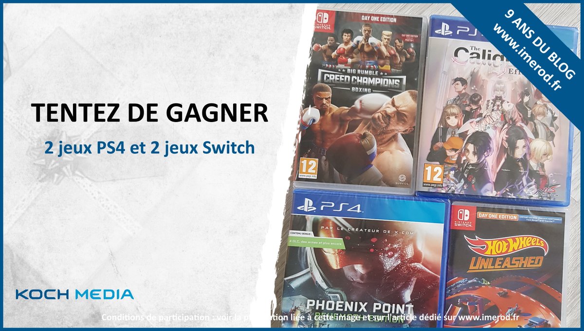 imerodBlog's tweet image. 🔥#CONCOURS 9 ans du blog 🔥

Tentez de gagner 4 jeux sur Switch et PS4

Pour participer : 
- RT+Follow @imerodBlog &amp;amp; @KochMediaFR 
- Tag un ami

Participez aussi sur le blog et insta : ⤵️
imerod.fr/concours-4-jeu…