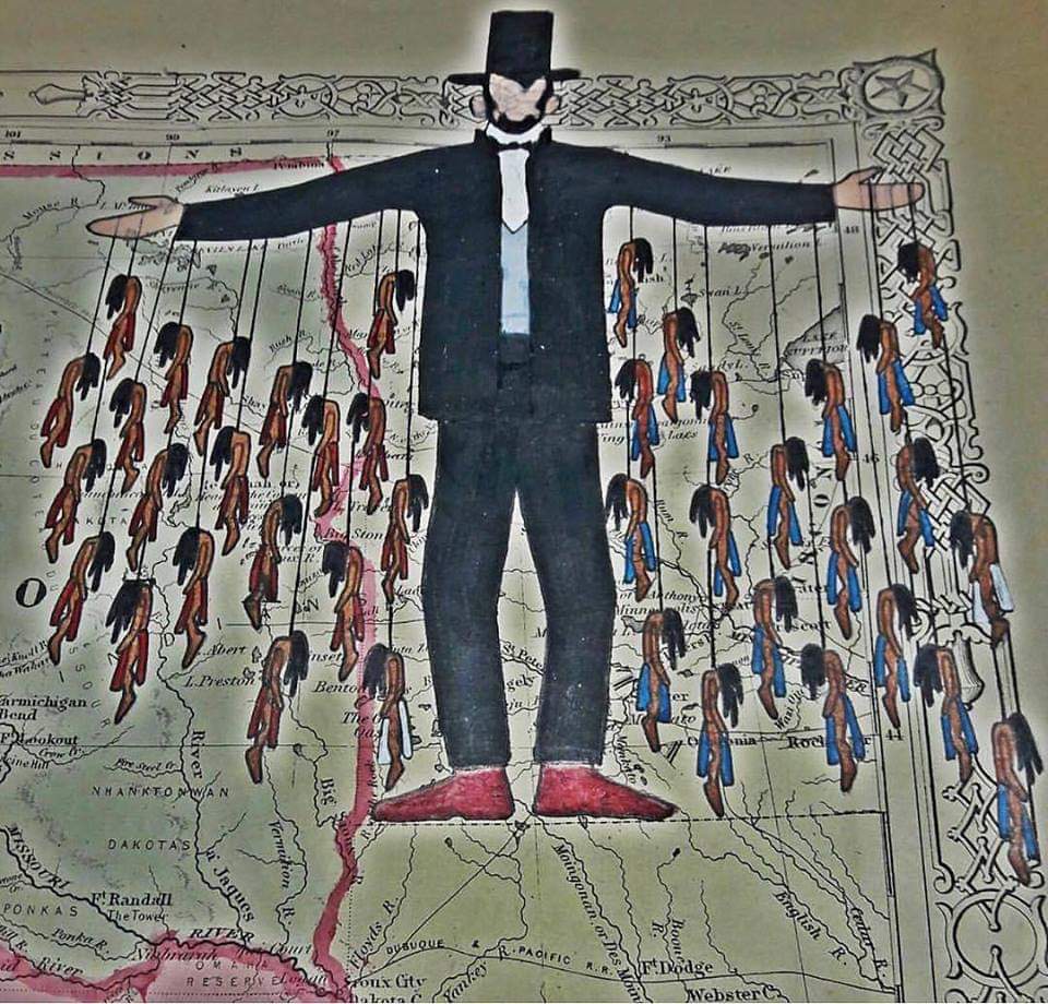 On Dec 26, 1862, the largest mass execution in US history took place under the orders of Abraham Lincoln. 38 Dakota warriors were hanged in Mankato, MN. Their people had been dispossessed by settlers and were starving. +2 more men were captured and killed later. #Dakota38+2