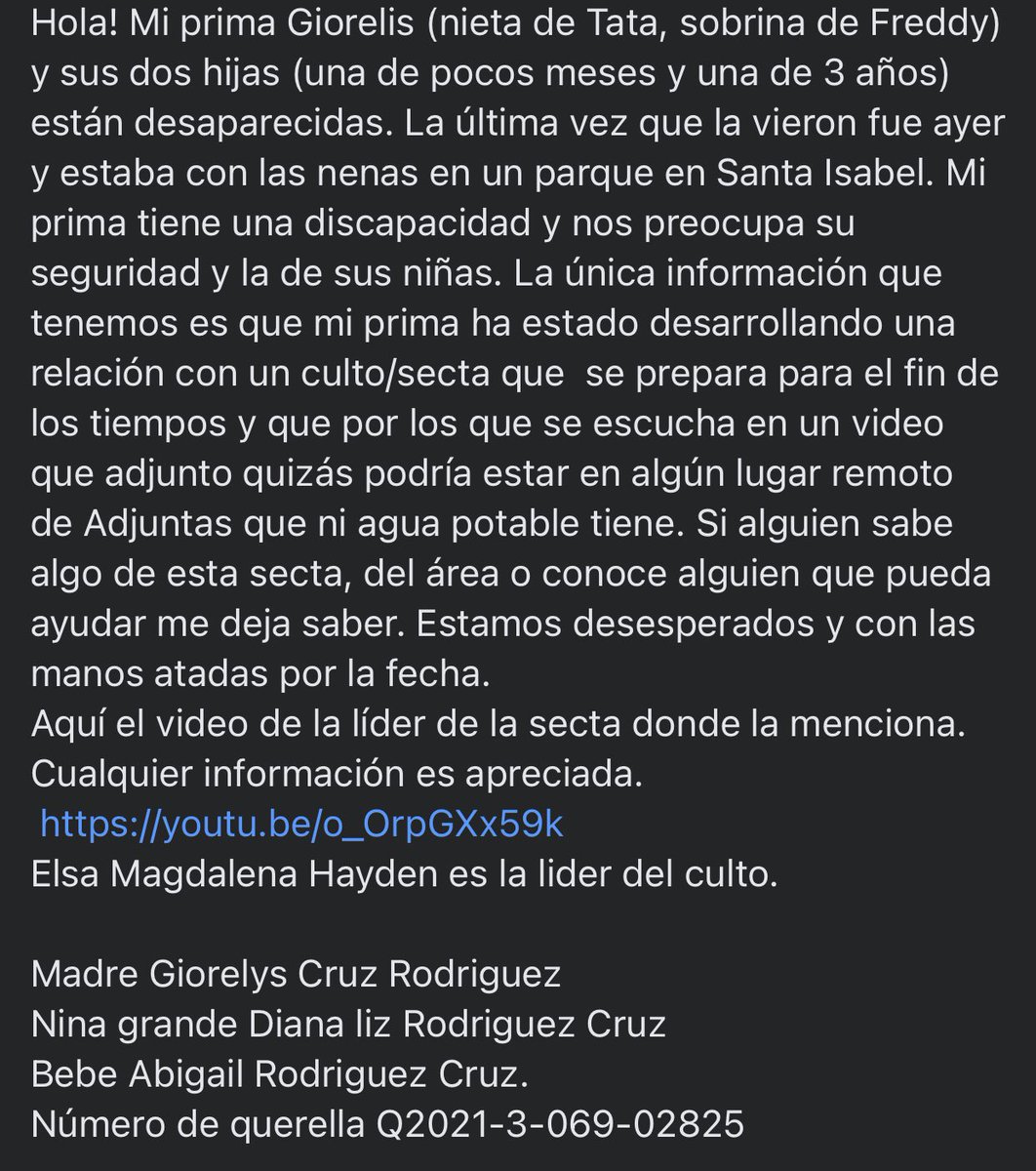 NotiJuan's tweet photo. Esto está cada vez más raro.

Familiares de una joven alegadamente desaparecida junto a sus dos hijas apareció en un live de una pastora que ungió a @AlbertTorresSen como “rey” y gobernante de PR.

La familia pide ayuda porque “es una!secta que se prepara para el fin”. https://t.co/MvwxmMFwVC