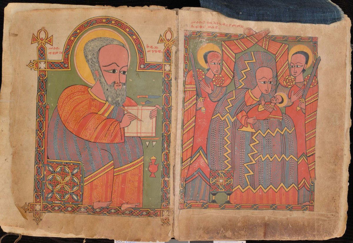 A miniature of Matthew writing his #gospel, alongside a miniature of Mary with the baby Jesus. Both are in GG 00040, a lavishly illustrated medieval gospel book at the monastery of Gunda Gundē in Tigray, Ethiopia.

View the full manuscript in Reading Room: vhmml.org/readingRoom/vi…