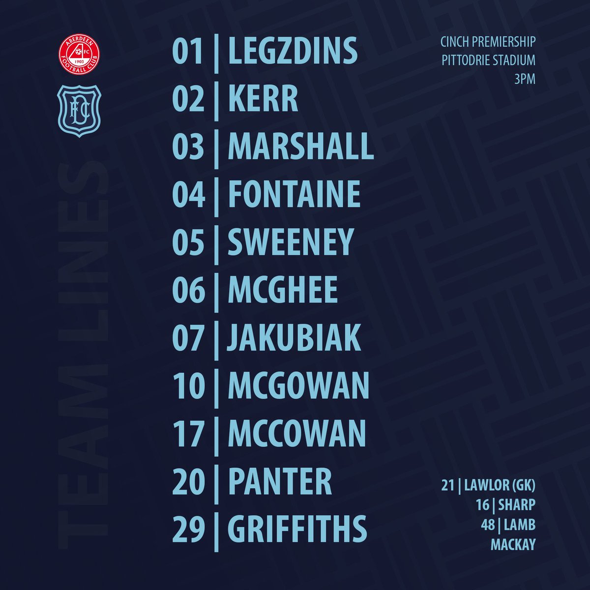 DundeeFC's tweet photo. TEAM LINES | Today’s team.

Goalkeeper Harry Sharp is on the bench as an outfield player alongside Assistant Manager Dave Mackay and 17 year old Callum Lamb #thedee https://t.co/U7Ja8zaUHq