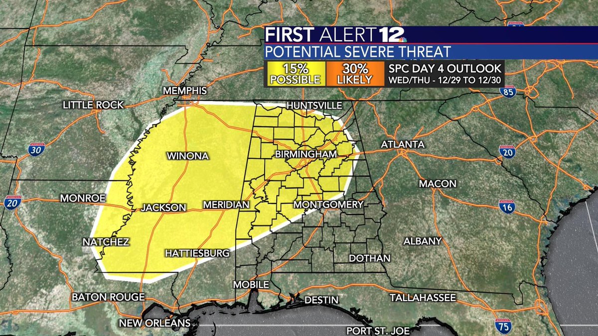NickGunterWX's tweet photo. The potential for severe storms are back in the forecast Wed (12/29) into Thu (12/30). Just a quick heads up that midweek will be on the stormy side all thanks to a cold front. Still a lot of questions with this system so stay tuned to WSFA-TV for the latest. #wsfa12 #firstalert https://t.co/5P0atNtsLB