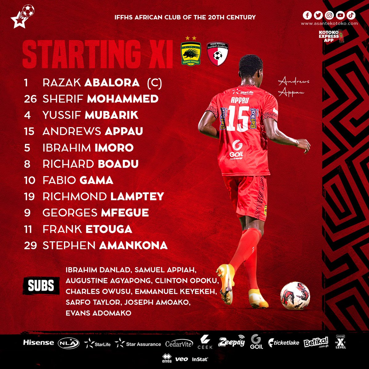 AsanteKotoko_SC's tweet photo. π¨ ππππ ππππ π¨
βΎFour changes from #CITKOT
βΎAppau, Mubarik back in to replace injured duo Agyemang, Ganiyu.
βΎBoadu in for Mudasiru who's out through ill-health.
βΎGama returns, Keyekeh starts from the bench.
#AKSC #KOTWAF #GPLmd10 https://t.co/dykWeWxkGF